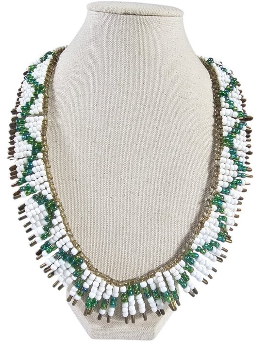 Boho Jewelry - Safety Pin Beaded Necklace 22.5” White Green Glass Beads Statement Boho Tribal